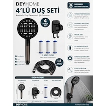 4'lü Duş Seti, Siyah 6 Fonksiyonlu Filtreli Duş Başlığı, Siyah, 3 Yedek Filtre, 150 Cm Hortum, Yapışkanlı Askı Siyah Set Altın - Beyaz