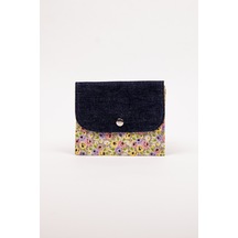 Fabric Craft Bag Kadın Cüzdan Denim Detaylı Çiçek Desenli Çıtçıtlı 15x12 Cm Lacivert - Sarı