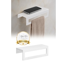 Beyaz Metal Raflı Havlu Askısı Telefon Koyma Duvar Havluluk Banyo Organizer 27 cm