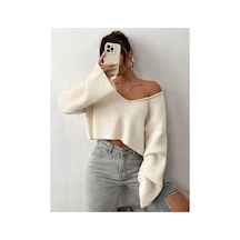 Samin Kadın Oversize V Yaka Triko Crop Kazak Krem - 660238741 Krem