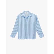 Koton Oversize Uzun Kollu Klasik Yaka Çizgili Viskon Gömlek Mavi Çizgili 6sak60003pw Mavi Çizgili