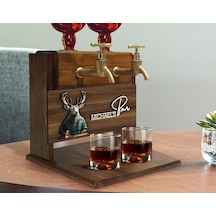 Bk Gift Kişiye Özel Kabartma Geyik Tasarımlı İsimli Çift Musluklu Doğal Ahşap İçki Standı-2, İçki Standı, Doğum Günü Hediyesi, Ev Hediyesi Kobitmeyen1