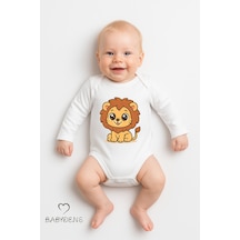 Babyden's Sevimli Hayvan Figürlü %100 Pamuk Uzun Kollu Çıtçıtlı Bebek Body Aslan Beyaz