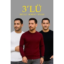 Barlashive Erkek Fitilli Triko Bisiklet Yaka Kalın Kazak 3'lü Set Beyaz-bordo-siyah Çok Renkli