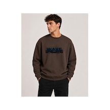 Herkesemoda Wave Baskı Detaylı Bisiklet Yaka Şardonlu 2 İplik Sweatshirt Kahverengi