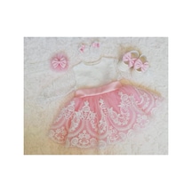 Hayy Baby Kids Wear Beyaz Güpürlü Pembe Tüllü Fransız Dantelli Bebek Elbise Beyaz Pembe