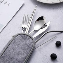 8 Parça Çantalı Yolculuk Çatal Bıçak Kaşık Pipet Chopstick Seti Kamp Okul Ofis Tatil Paslanmaz Çelik Metal Abanoz