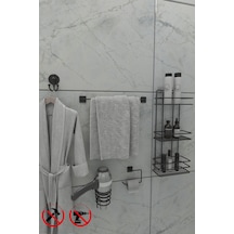 Alper Banyo Yapışkanlı Siyah 3 Katlı Banyo Rafı TŞ03 Jasmin Kağıtlık Uzun Havluluk Kare Fön Makinesi Askısı Lotus V Bornoz Askılık Siyah