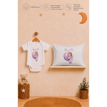 Pia Baby İsme Özel Kısa Kollu Kız Bebek Body Zıbın Ve 35x45 Cm Yastık Kılıfı %100 Pamuk Organik Baskılı Bebek Hediyesi 1082bay6x Ekru