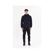 Rowinger Metal Uçlu Kordonlu Tam Fermuarlı Bölmeli Ön Cepli Küçük Nakış Logolu Rahat Kalıp Mevsimlik Kapüşonlu Sweatshirt Navyblue