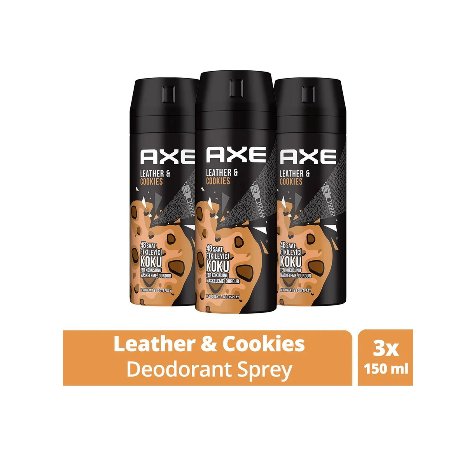 3 Adet Axe Erkek Sprey Deodorant Leather & Cookies 48 Saat Etkileyeci Koku 150 Ml Deri