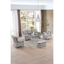 Paris Rattan Puflu Bahçe Balkon Takımı 3+1+1 Cam Masalı Gri