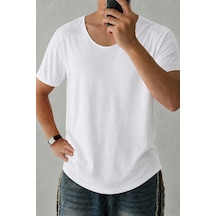 Cool Tarz Erkek Geniş Yaka Oval Etek %100 Pamuk Süprem Kumaş Kısa Kollu Basic Tişört Beyaz Beyaz