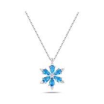 Brezza Lusso Jewelry 925 Ayar Lotus Çiçeği Aquamarin Taşlı Kadın Gümüş Kolye 45 CM