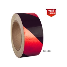 Reflektif Fosforlu Çapraz Şerit Bant, Çift Renk Reflekte İkaz Bandı 5cm X 25m - Siyah Kırmızı 6008