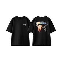 Thewert Gümüş Dudak Tasarım Sırt Baskılı Pamuk Siyah Oversize T-shirt