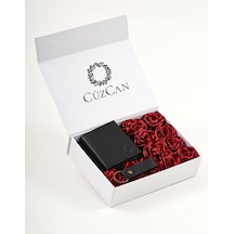 Premium Gift Rose Box - Florida Siyah Hakiki Deri Cüzdan Anahtarlık Ve Siyah Gül Kutusu Kırmızı