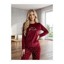 Kadın Uzun Kollu Desenli Exclusive Likralı Kadife Pijama Takımı Bordo