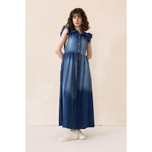 Olcay Fır Fır Detaylı Kolsuz Denim Elbise Mavi 9296-e