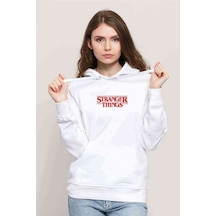 Stranger Things Logo Baskılı Beyaz Kadın Kapşonlu Sweatshirt