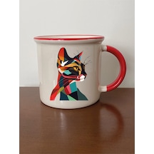 Modern Kedi Temalı Kırmızı Ağızlı Kupa Bardak - Seramik Çay, Kahve Hediyelik Bardağı Beyaz