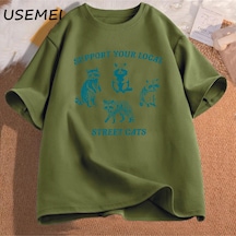 Flood Of Style Yerel Sokak Kediler Destek Erkek T-shirtü Rahat Pamuk Kısa Kollu Tshirt Erkek Boy Grafik Tees Yeşil