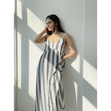 Retrobird Tasarım June Askılı Yırtmaçlı Elbise Kadın Siyah - Beyaz-13908 Siyah - Beyaz