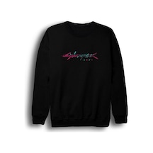 Erkek Siyah Cyber Punk Baskılı Bisiklet Yaka Sweatshirt Siyah