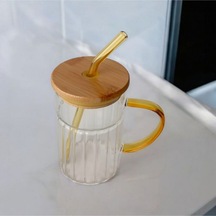 Bambu Kapaklı Cam Pipetli Kupa 420 Ml Sarı Bambu Kapaklı Cam Pipetli Kupa 420 Ml Sarı