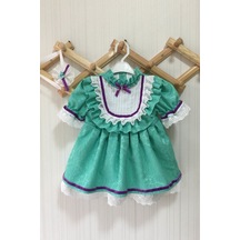 Kurdele Detaylı İthal Brokar Kumaş Özel Tasarım Kız Çocuk Bebek Yeşil Elbise Ve Bandana Takımı 001