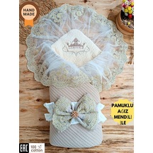 Mint Triko Örgü Bebek Kundağı - Pamuklu & Dantelli Yenidoğan Bebek Battaniyesi Vizon