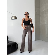 Herton Kadın Antrasit Yüksek Bel Wide Leg Jean Pantolon - %100 Pamuk Denim Açık Kahverengi
