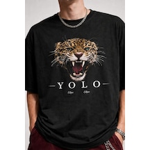 Yolo Street Oversize Siyah Tişört Ön Baskılı Leopar Yolo Tasarım %100 Pamuk Unisex Streetwear Siyah