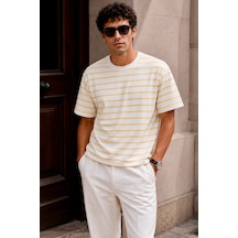 Bbbutikbasic Erkek Oversize Basic Bisiklet Yaka Pamuklu Tişört My3535 Sarı Çizgili