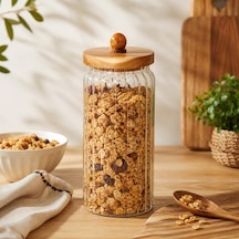 1300 Ml Akasya Kapaklı Borosilikat Çizgili Cam Kavanoz, Büyük Boy Ahşap Kapaklı Şeffaf Erzak Saklama Kabı, Makarna Kahvaltılık Kuruyemiş Kahve Şeker Baharat Kavanozu Çok Renkli