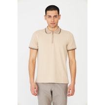 Bej Modern Kesim Fermuarlı Polo Yaka Erkek T-shirt Bej