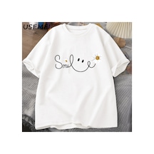 Tarzsokak Papatya Gülümseme Yüz T Shirt Yaz Çiçek Baskılı Tişört Kadın Erkek Pamuk Kısa Kollu Tshirt Bo 3051 Beyaz