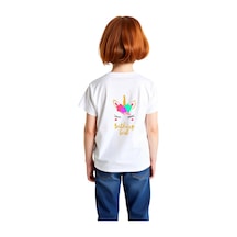 Paybuy Kadın Çocuk Unicorn Doğum Günü Baskılı Kısa Kollu Rahat Kesim Pam beyaz