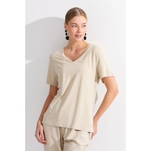 Desen Triko Kadın V Yaka Yakası Simli T-shirt Kmy24039 Vizon