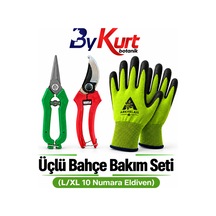 Bahçe Bakım Seti Üçlü Budama Makası Hasat Makası Eldiven 3 Parça - L/xl / Yeşil