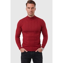 Deepsea Erkek Bordo Slim Fit Likralı Tüylenme Yapmayan Yarım Balıkçı Çizgili Triko Yarım Boğazlı Kazak 2505503 Bordo