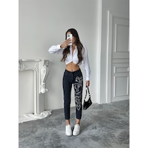 Blue Marlın Kadin Füme Sol Bacak Nakişli Mom Kot Jeans Siyah