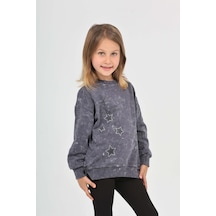 Kız Çocuk Relax Fit Bisiklet Yaka Düşük Omuz Baskılı Yırtmaçlı Sweatshirt - 2 İplik Füme Melanj