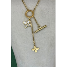 Kadın Gold Renk Çelik Yonca Model Üst Segment Kolye 45 Cm Gold