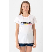 Romania Flag Lettern Beyaz Kadın Bisikletyaka Tshirt Beyaz