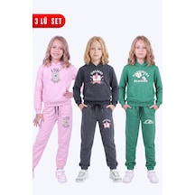 Panios Kids Kız Çocuk 3'lü Baskılı Kanguru Cepli Kapüşonlu Eşofman Takımı Pembe-füme-yeşil