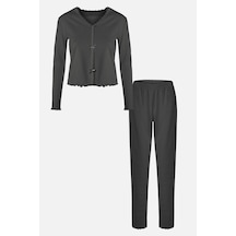 Kadın Pamuklu Dantel Ve Kurdele/fiyonk Detaylı Kaşkorse Renkli Pijama Takımı Kk30115 Siyah