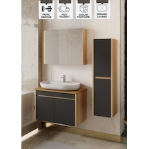 Karen Banyo Luna 80 Cm Tezgahlı, Aynalı Banyo Dolabı Seti, Seramik Lavabo Dahil Sonoma - Antrasit