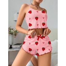 Kadın Pembe Çilek Desenli Şortlu Pijama Takımı 5056 Pembe
