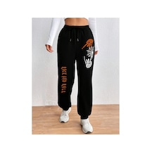 Tarzsokak Halloween Skeleton Hand & Letter Graphic Drawstring Waist 4 Mevsim Eşofman Siyah